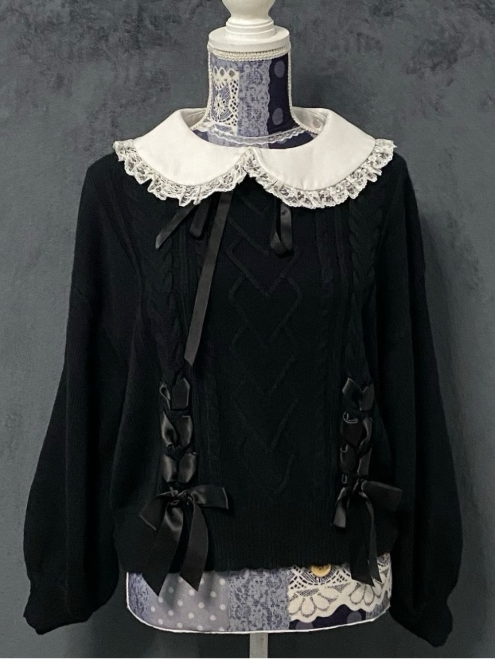 Secret Honey Sweater Womens Black White Cable Knit Collar Lace Goth Lolita Gyaru